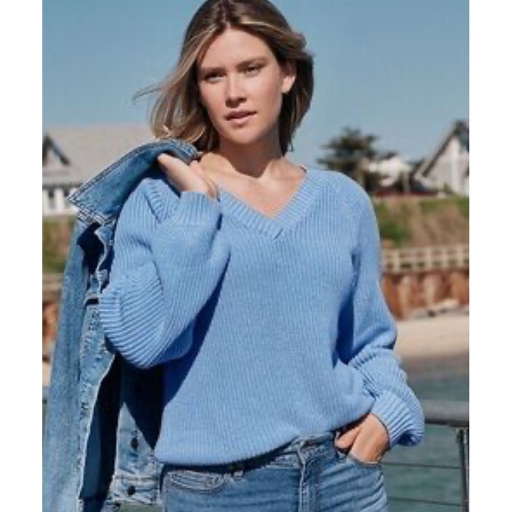 Lands End Womens V Neck Ribbed Sweater Light Blue M P Cotton Blend